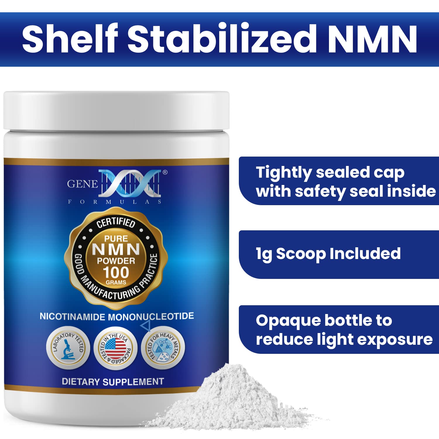 Genex Formulas NMN Powder ready to mix into beverages or water.