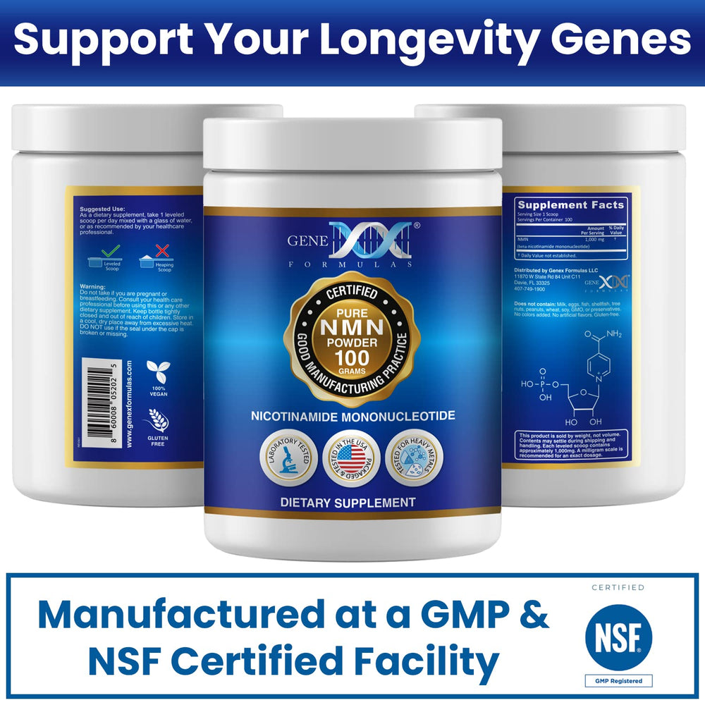 Genex Formulas NMN Powder Non-GMO, gluten free and vegan friendly.