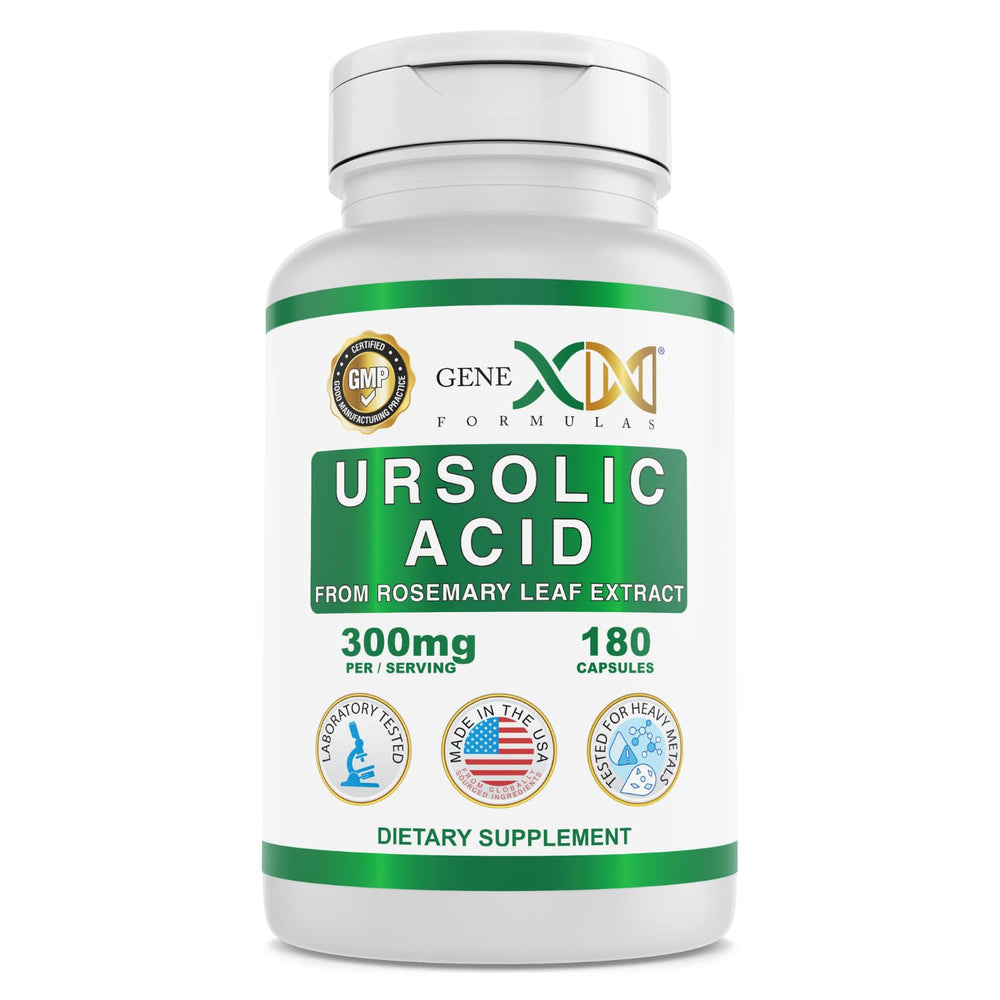 Genex Ursolic Acid bottle with rosemary extract, signaling convenient daily supplement for wellness support.