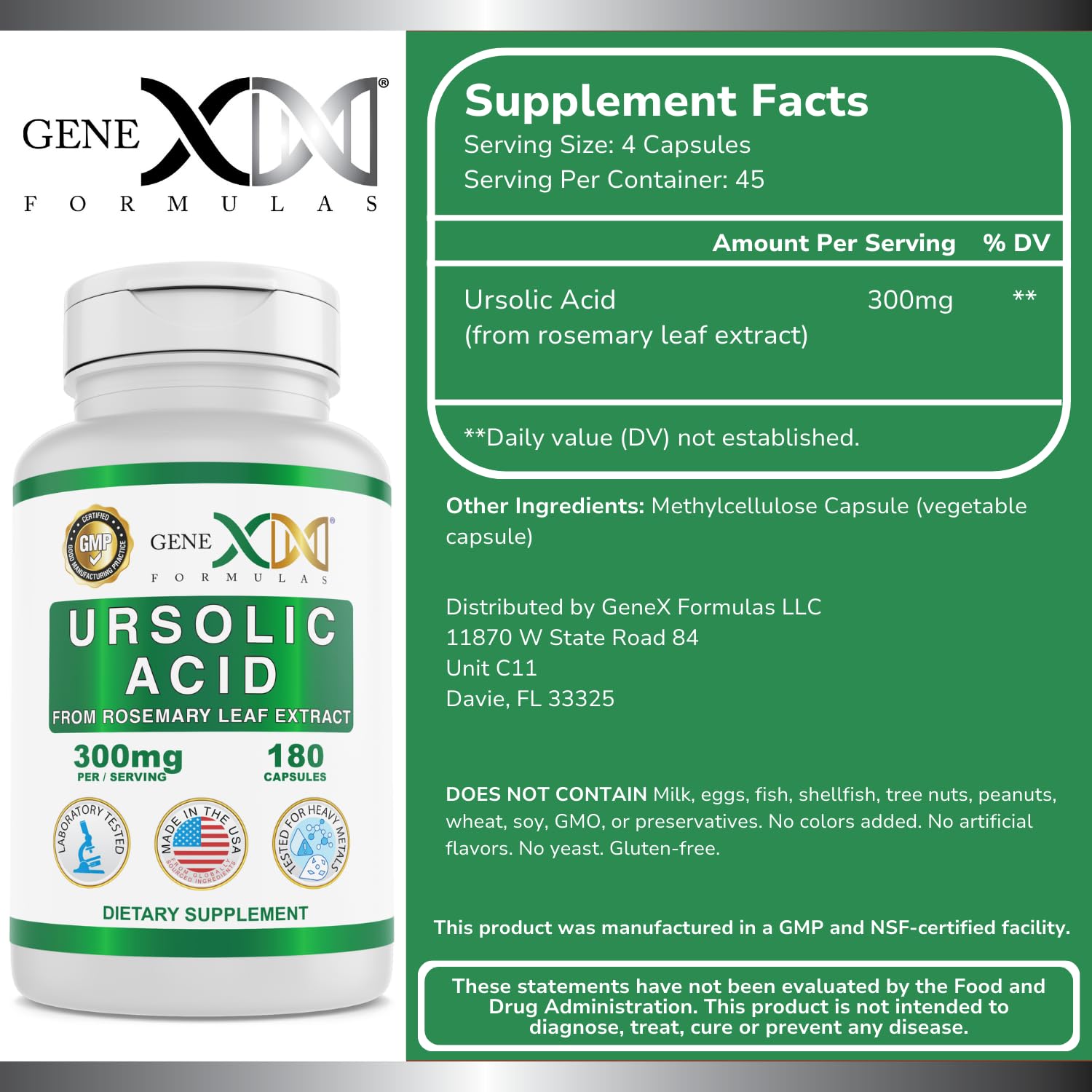 Genex Ursolic Acid label highlights 300 mg per serving for consistent dosing.