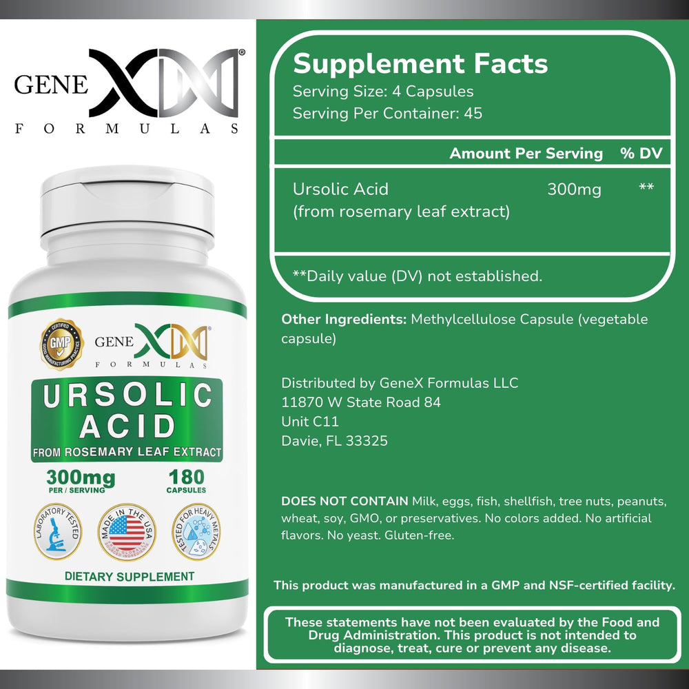 Genex Ursolic Acid label highlights 300 mg per serving for consistent dosing.