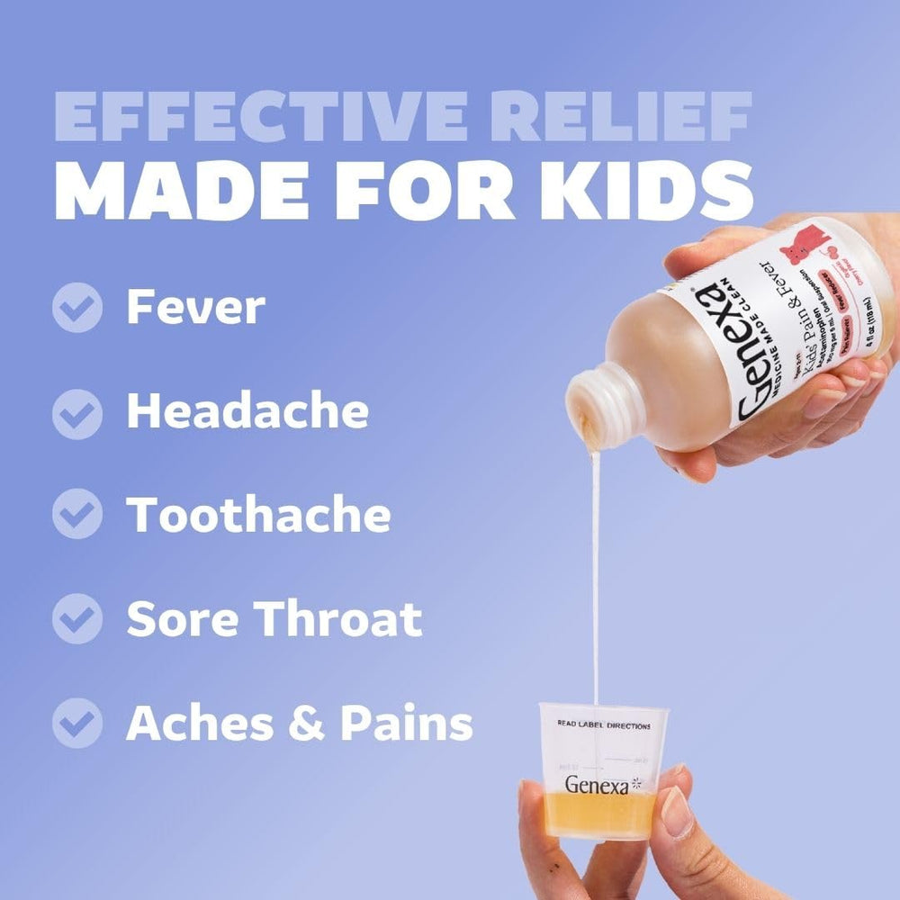 Genexa Children's Clean Acetaminophen dosing spoon shows simple administration for parents