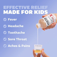 Genexa Children's Clean Acetaminophen dosing spoon shows simple administration for parents