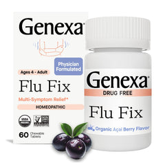 Genexa Flu Fix packaging front shows an organic, non-GMO multi-symptom solution.