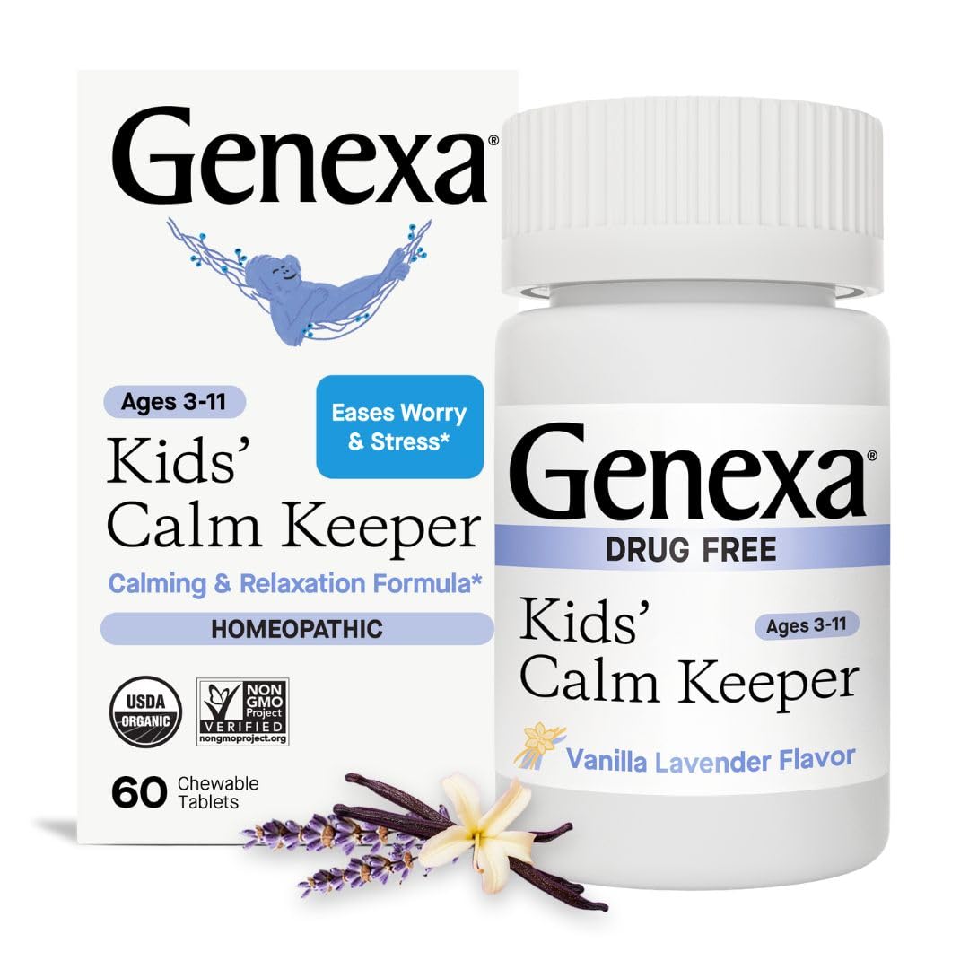 Genexa Kid's Calm Keeper bottle close-up, chewables that may help soothe kids.