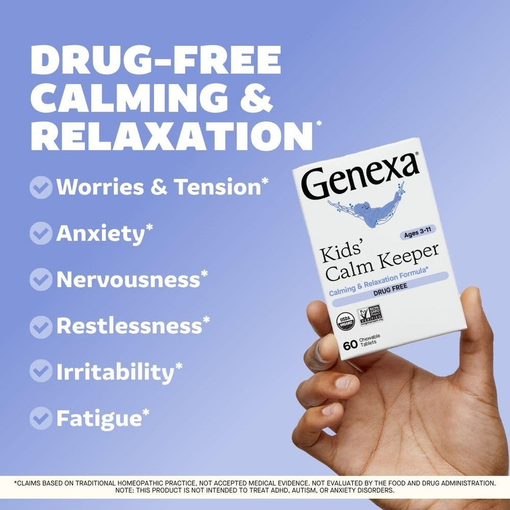 Genexa Kid's Calm Keeper tablets close-up, easy daily chewables for children.