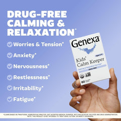 Genexa Kid's Calm Keeper tablets close-up, easy daily chewables for children.