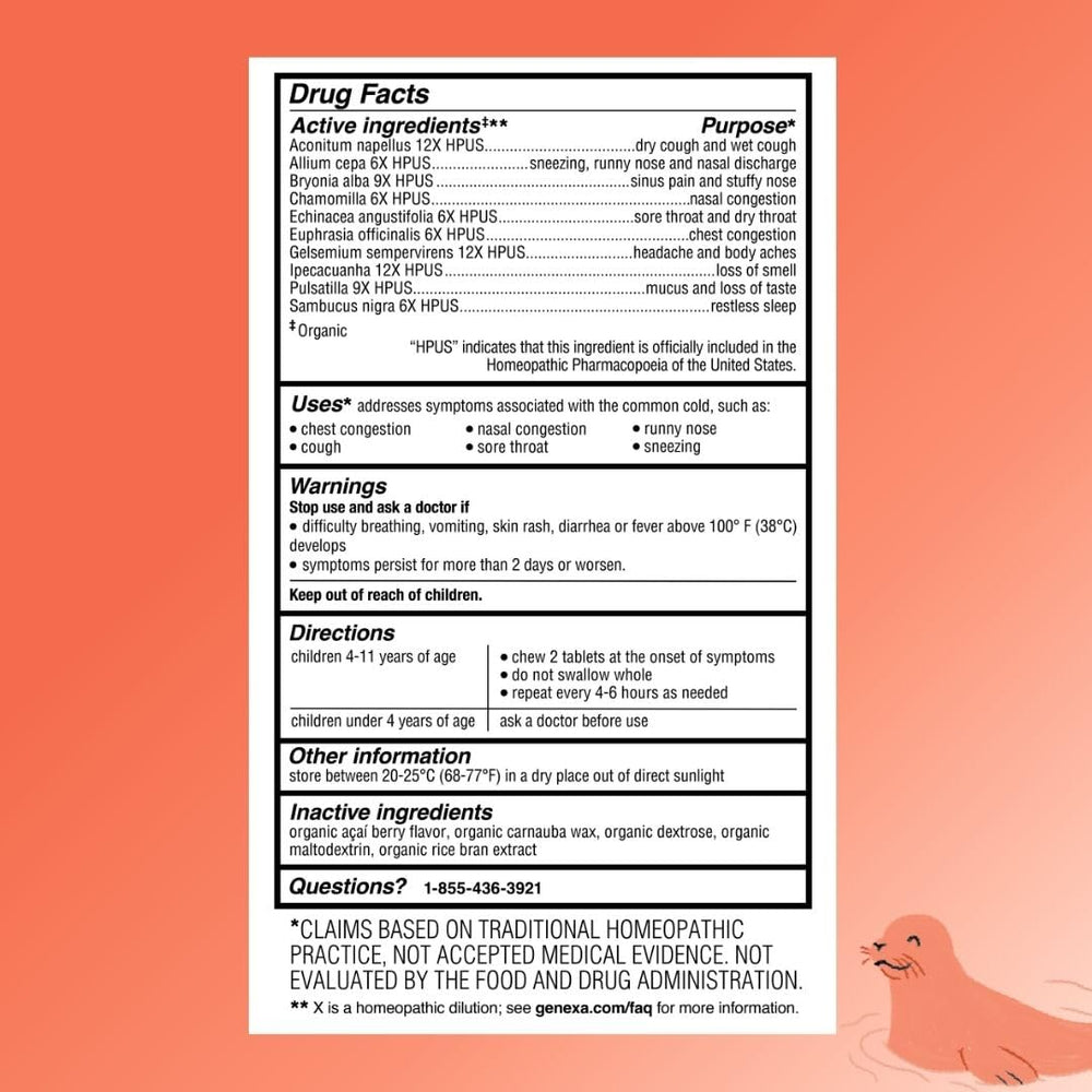 Genexa Kids Cold Crush bottle highlights easy-to-chew tablets.