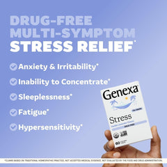 Close-up of Genexa Stress Relief bottle front for easy, non-GMO stress support