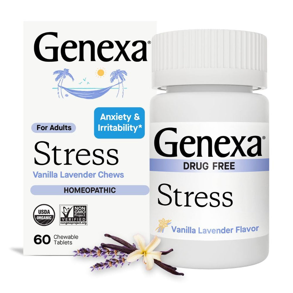 Genexa Stress Relief chewable tablets in vanilla lavender flavor for gentle calm