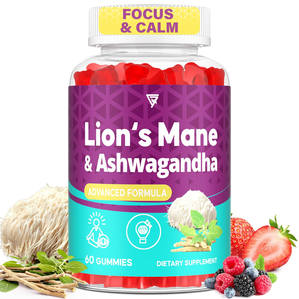GENFOJAS Ashwagandha and Lions Mane gummies bottle front for daily focus and calm.