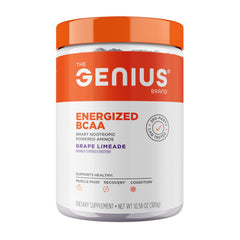 Genius BCAA Powder bottle in grape limeade flavor for post-workout recovery.