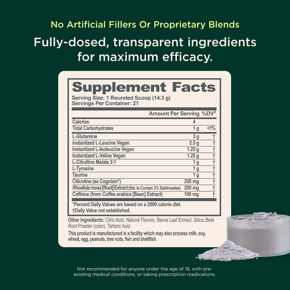 Genius BCAA Powder Cognizin ingredient visible, signaling focus support.
