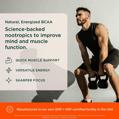 Genius BCAA Powder label closeup highlighting Cognizin and Rhodiola ingredients.