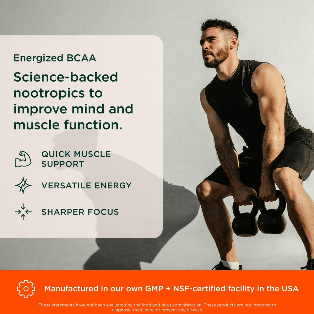 Genius BCAA Powder label features Cognizin for mental energy and focus.