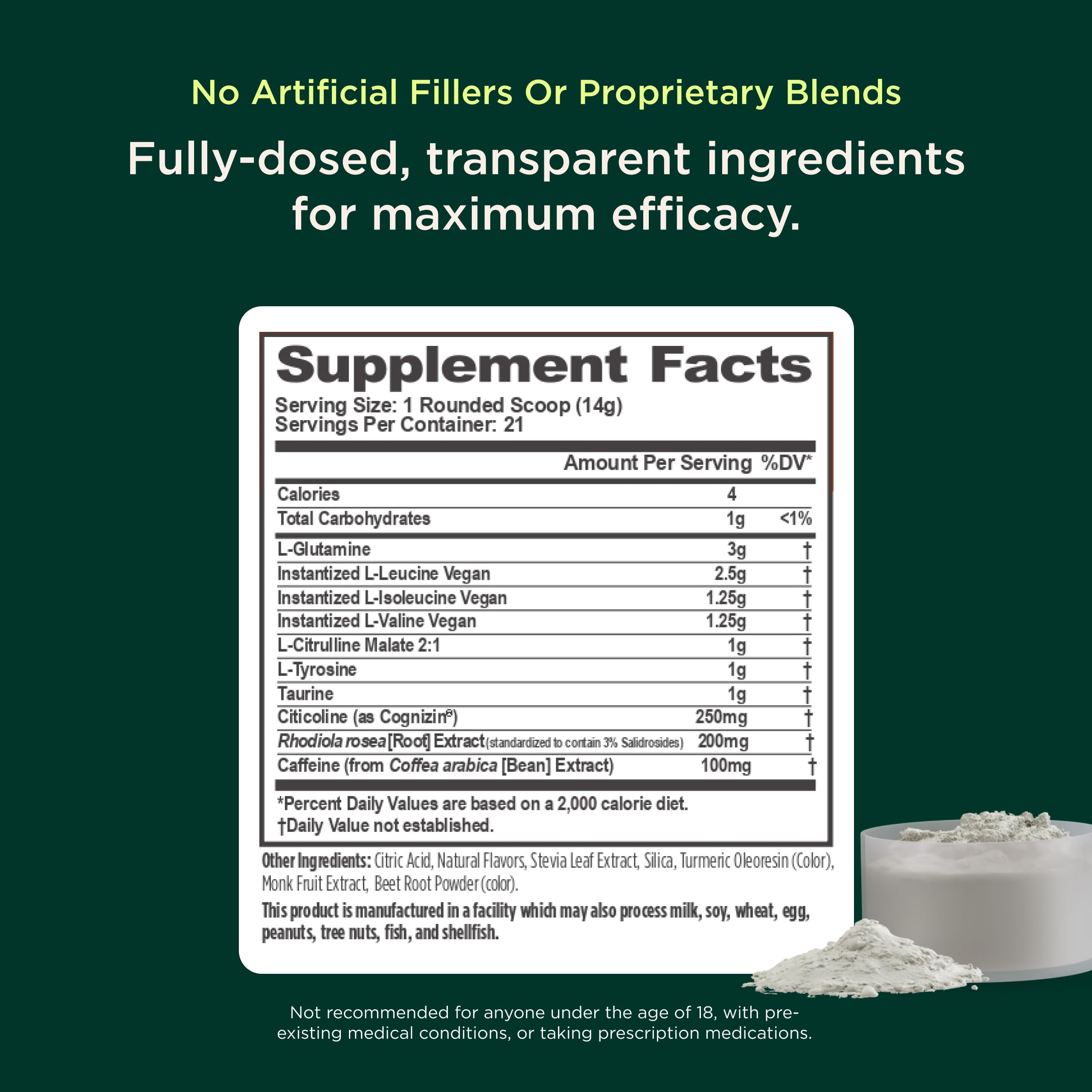 Genius BCAA Powder rhodiola blend visible on container for calmer endurance.