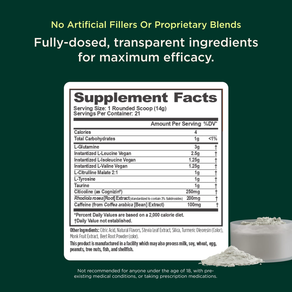 Genius BCAA Powder rhodiola blend visible on container for calmer endurance.