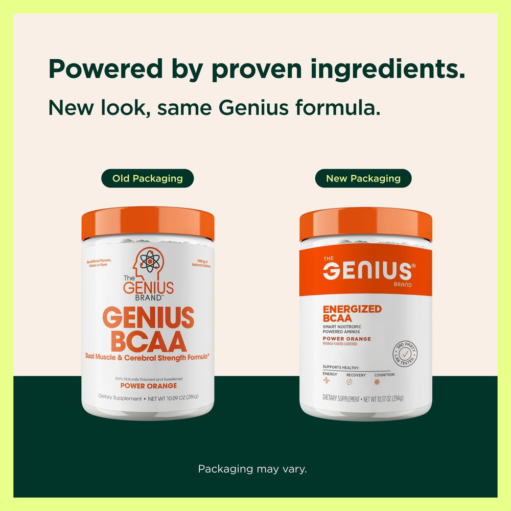 Genius BCAA Powder scoop on table ready for pre- or post-workout fueling.