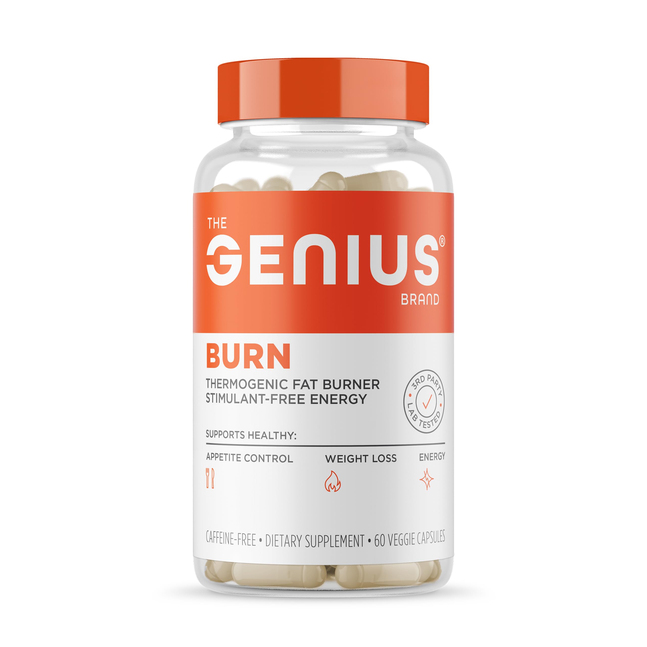 The Genius Brand Genius Burn bottle with capsules for metabolic support and focus.
