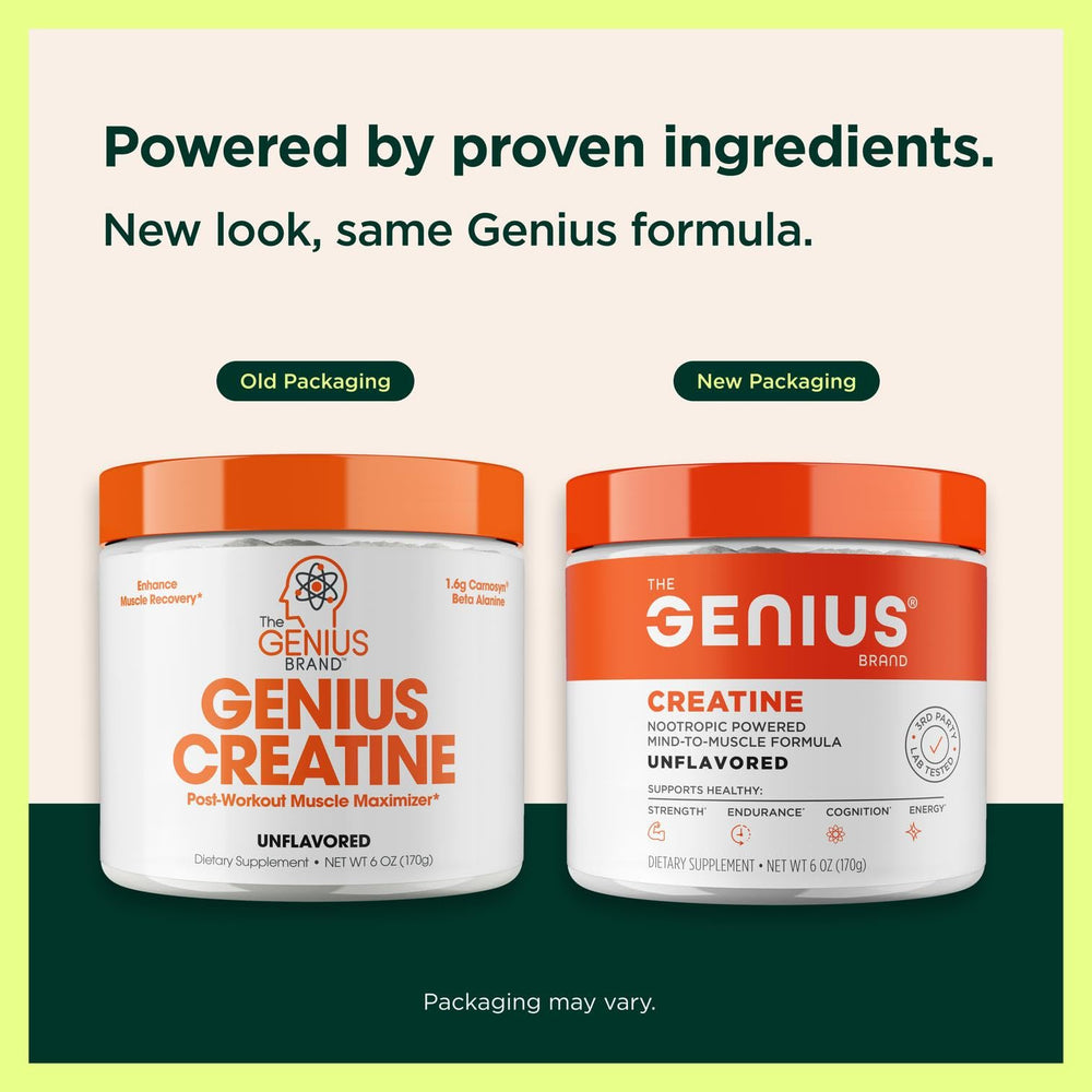 Close-up of Genius Creatine packaging highlighting the unflavored powder.