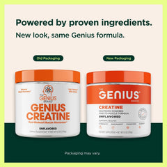 Close-up of Genius Creatine packaging highlighting the unflavored powder.