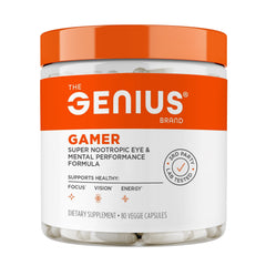 Genius Gamer bottle on a desk suggesting focused gaming sessions.