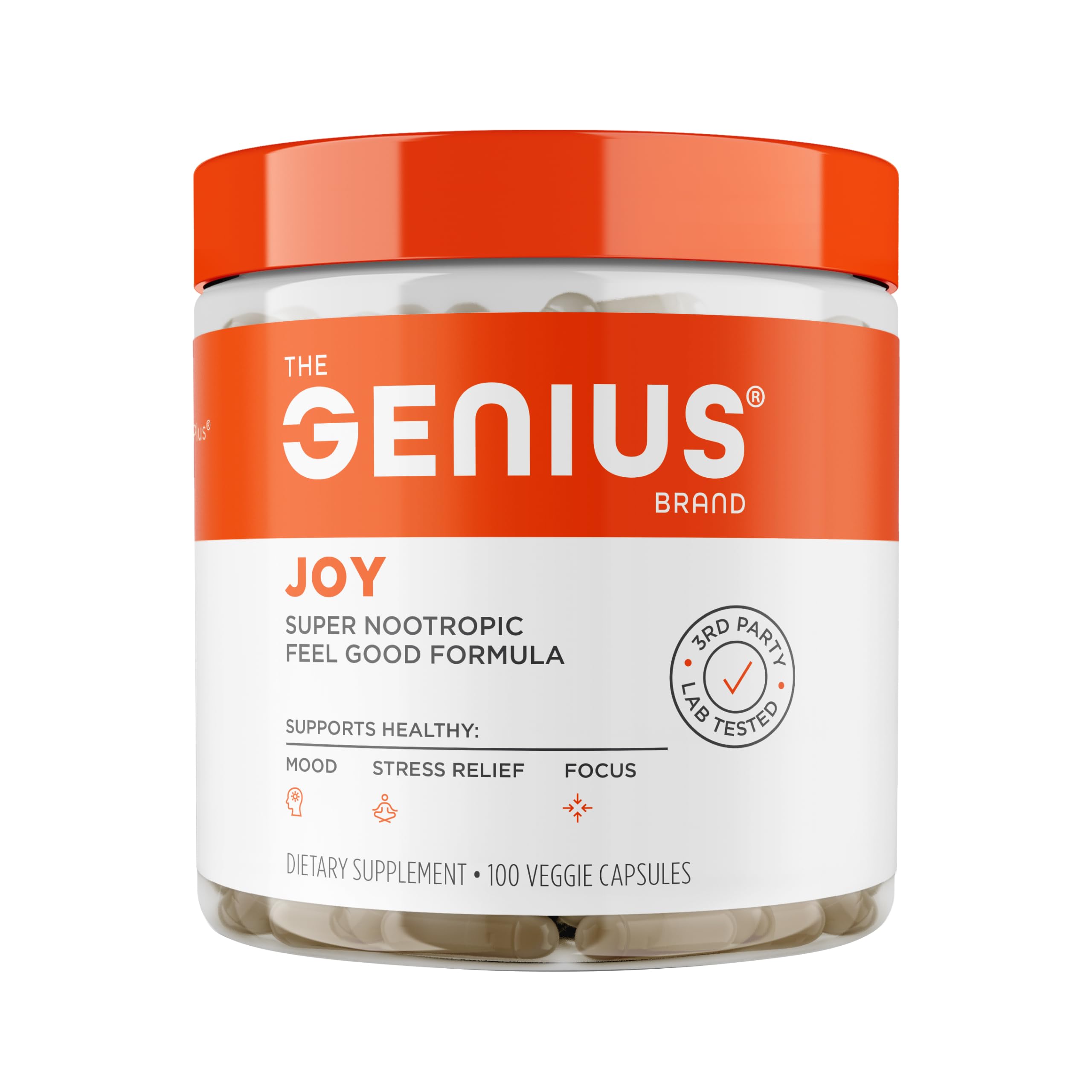 Genius Joy bottle cap with capsules suggesting natural mood support