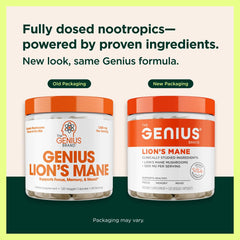 Genius Lion's Mane capsules on desk signaling quick energy and mood support