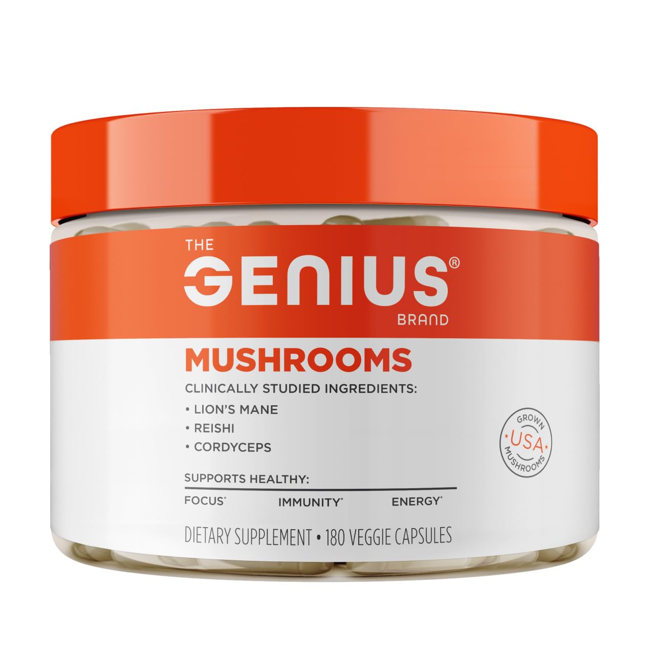 The Genius Brand Genius Mushroom Supplement bottle showing full-spectrum mushrooms for daily brain support.