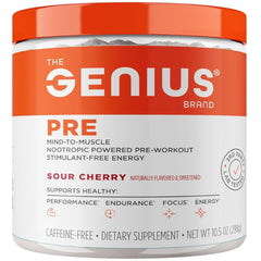 The Genius Brand Genius Pre bottle label highlights premium ingredients for sharper focus.