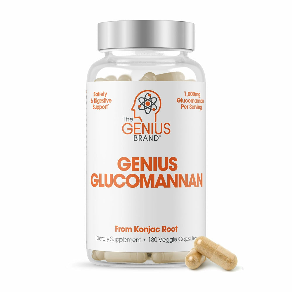 The Genius Brand Genius Glucomannan bottle promotes digestive comfort and satiety