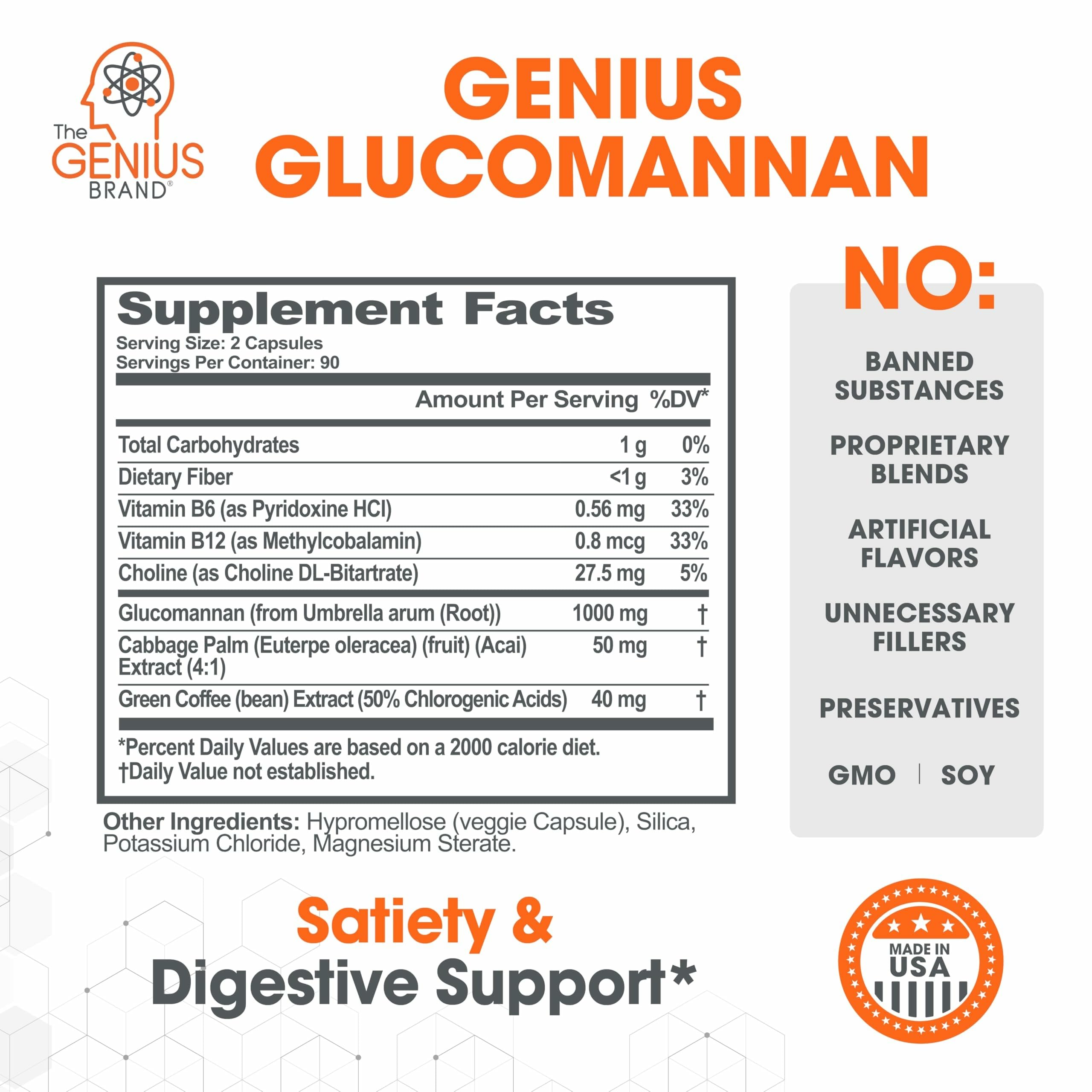 Genius Glucomannan capsules close-up highlighting vegan, non-GMO fiber for energy