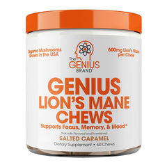 The Genius Brand Lion's Mane soft chews bottle on desk suggests daily focus support.
