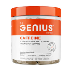 Genius Caffeine bottle shows capsules for steady energy and focus.