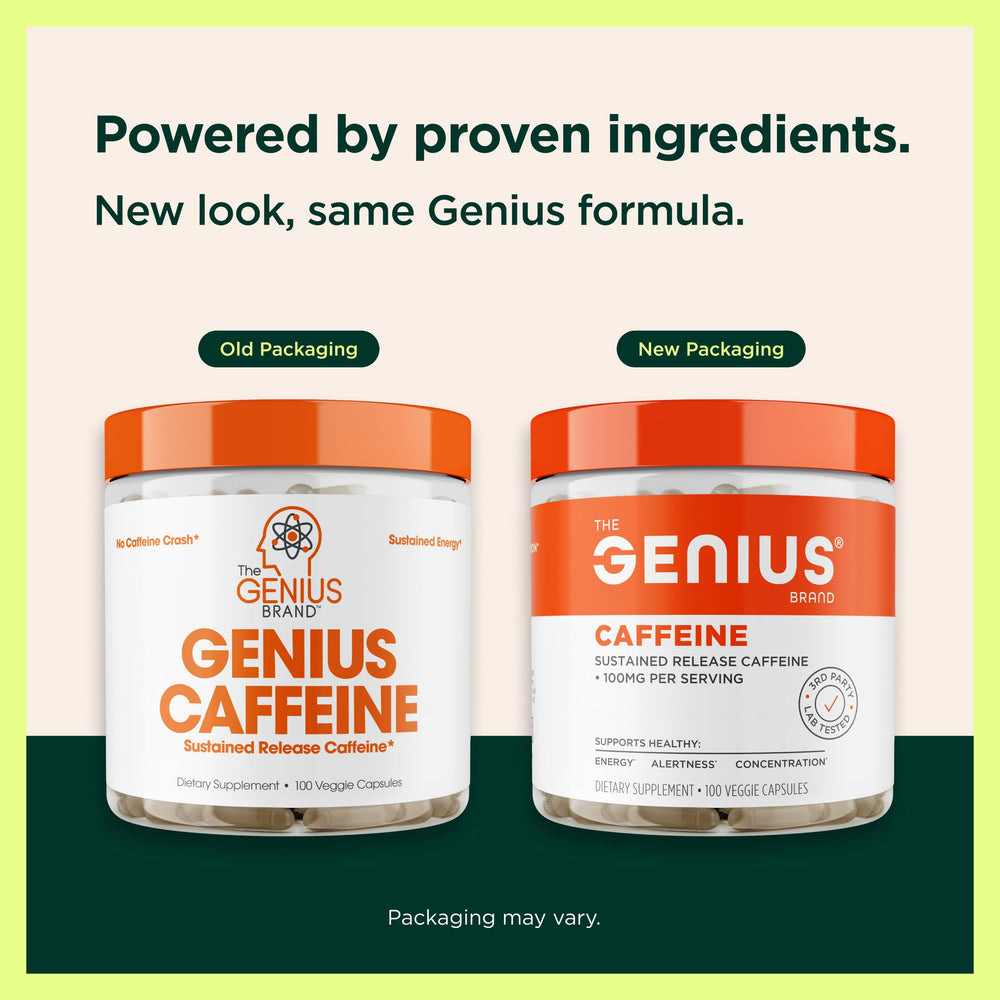 Close-up of Genius Caffeine capsule highlights microencapsulation and release.
