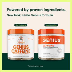 Close-up of Genius Caffeine capsule highlights microencapsulation and release.