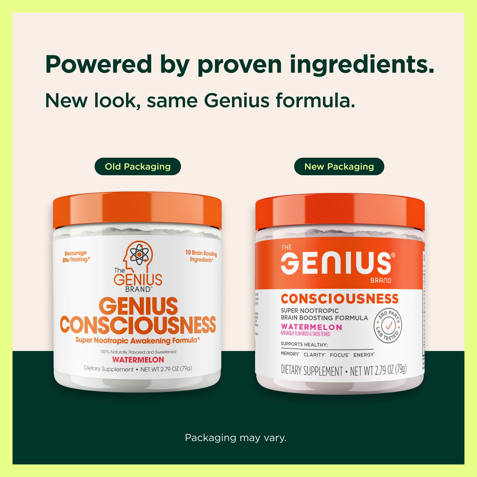 The Genius Brand Genius Consciousness label highlights transparency and USA facility origin.