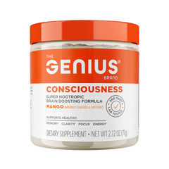 The Genius Brand Genius Consciousness tub front label signaling premium focus ingredients.