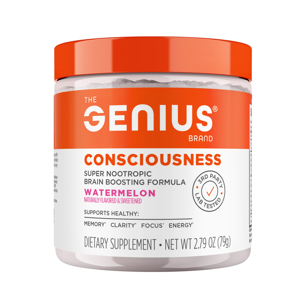 The Genius Consciousness watermelon powder dispenses smoothly for focused study sessions.