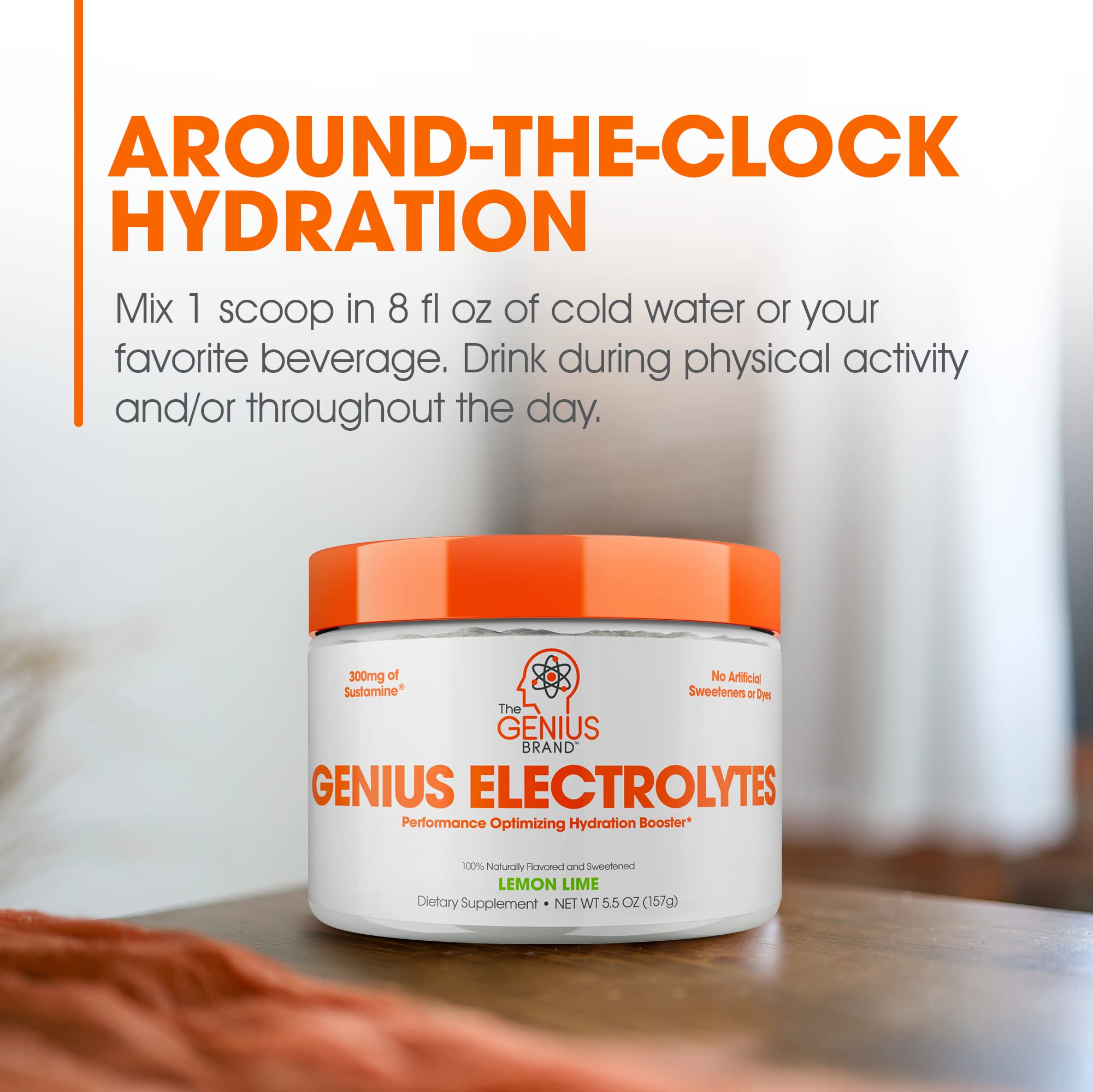 Countertop display of Genius Electrolytes Lemon Lime for daily hydration.