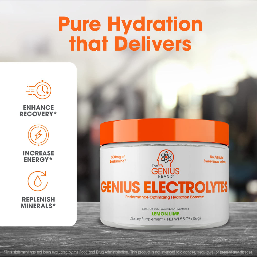 Close-up of Genius Electrolytes Lemon Lime powder dissolving smoothly in water.