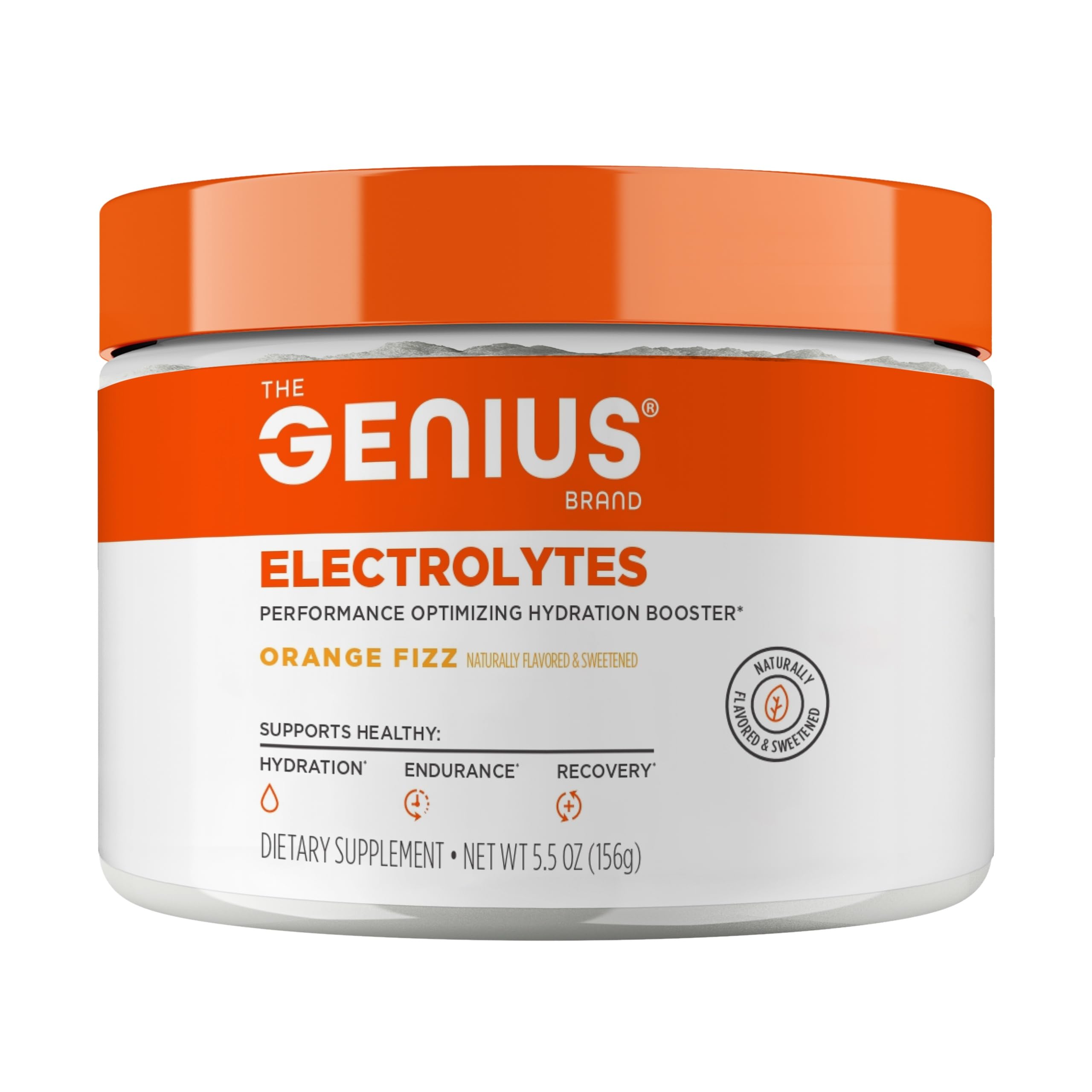 The Genius Brand Genius Electrolytes Orange Fizz bottle for convenient hydration