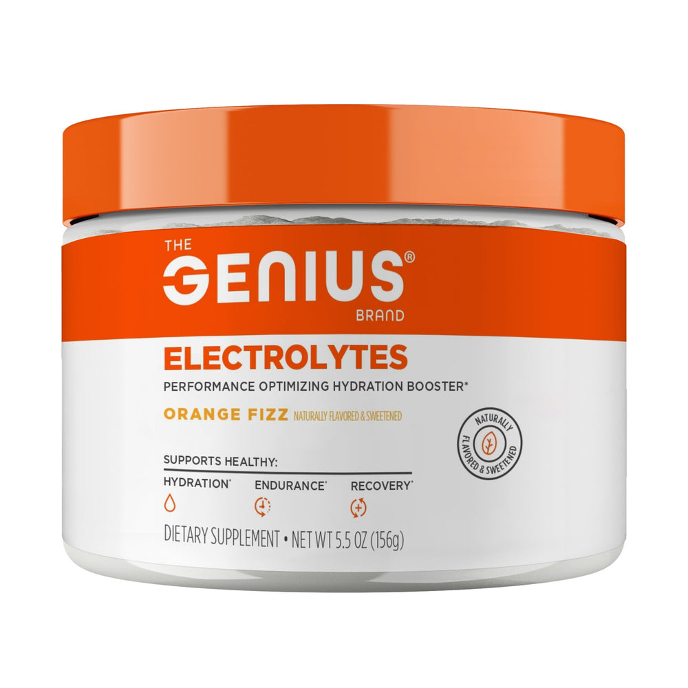 The Genius Brand Genius Electrolytes Orange Fizz bottle for convenient hydration