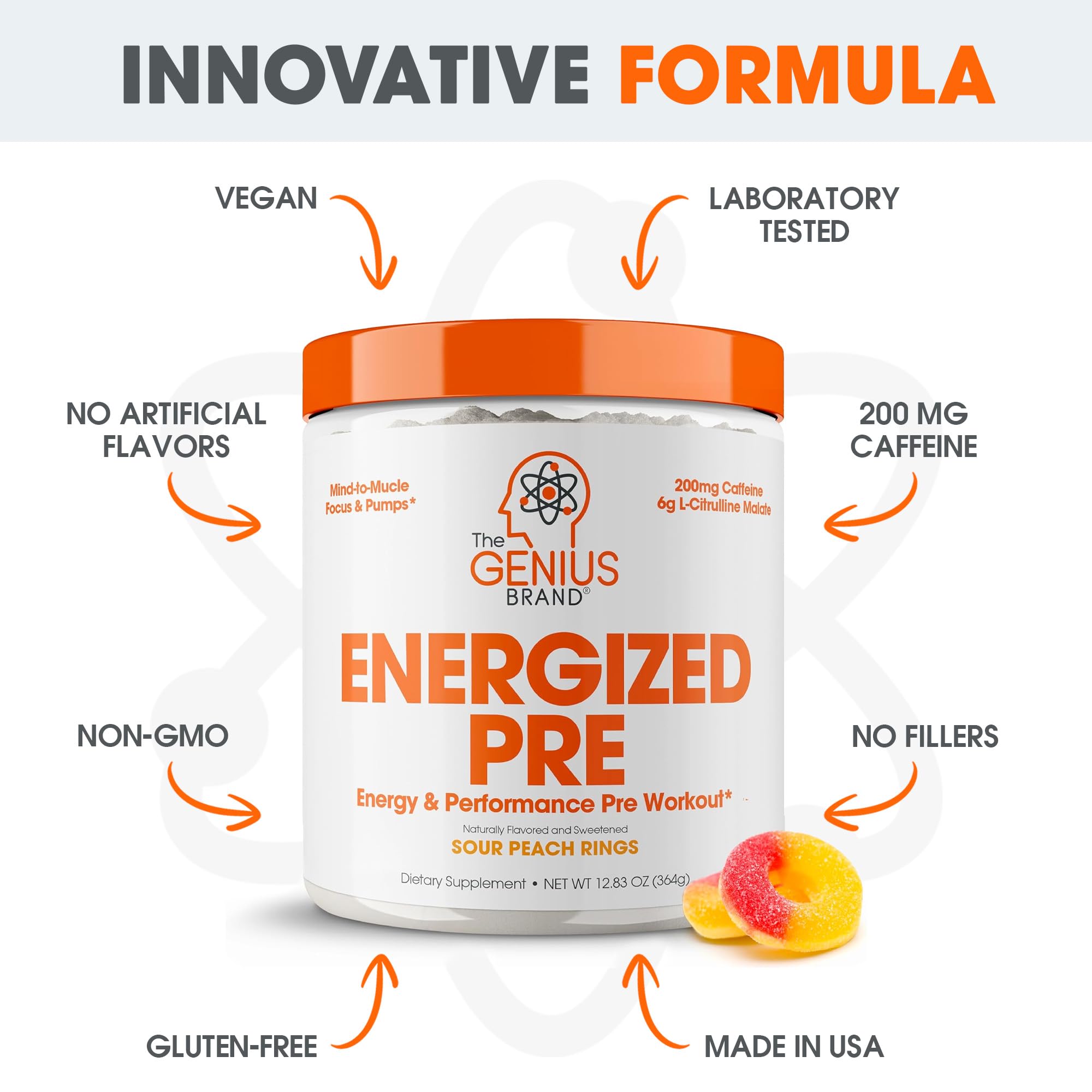Genius Energized pre-workout bottle on display emphasizing no artificial dyes