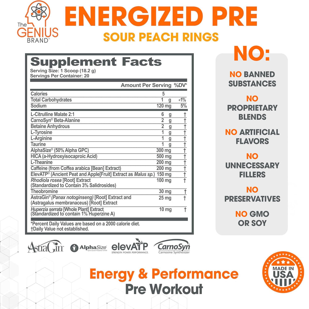 Genius Energized pre-workout label close-up highlighting caffeine and nootropics