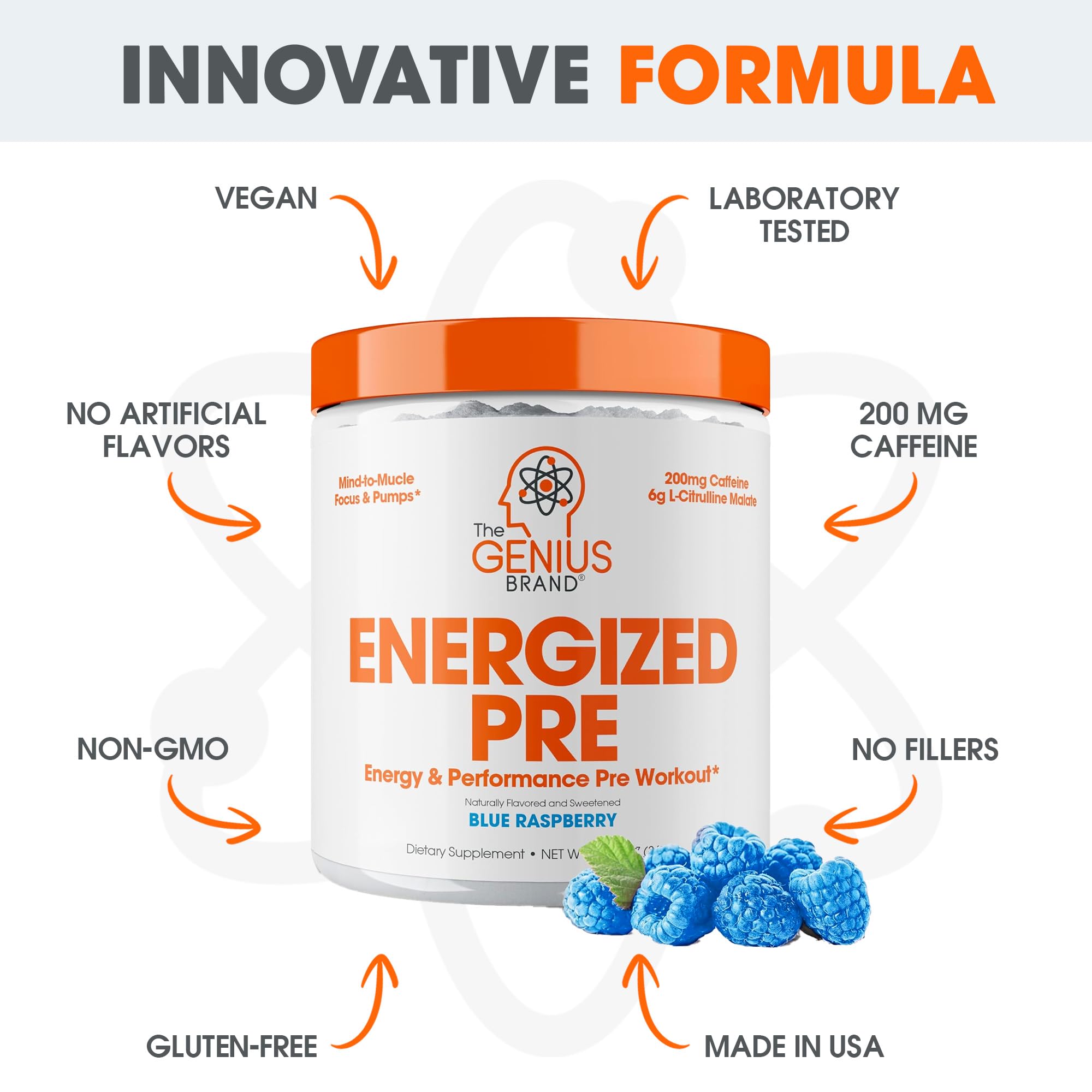 Genius Energized serving size next to cup and container