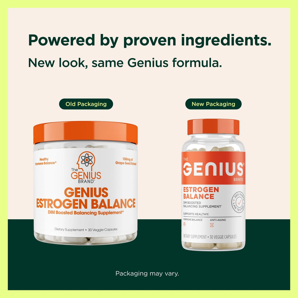 Genius Estrogen Balance capsules close-up highlighting DIM and grape seed for balance.