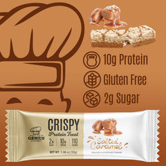 Genius Gourmet Crispy Protein Treat close-up bar showing 10g whey protein per serving