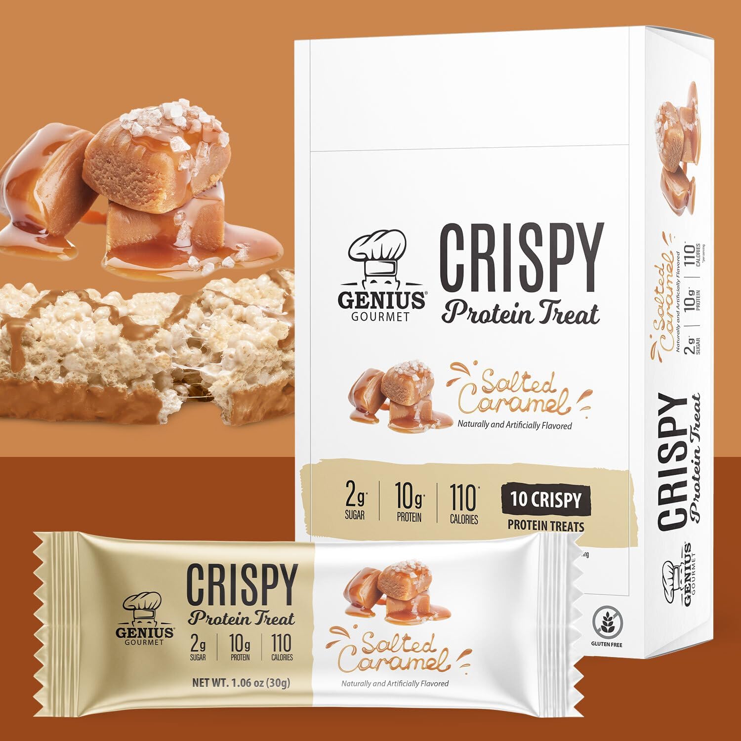 Genius Gourmet Crispy Protein Treat packaging front highlighting keto friendly, low-sugar snack