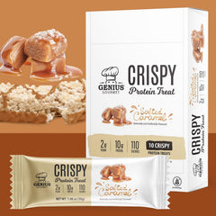 Genius Gourmet Crispy Protein Treat packaging front highlighting keto friendly, low-sugar snack